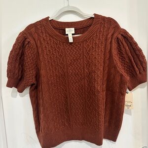 St. John's Bay Rust Cable-Knit Puff Sleeve Crew Sweater